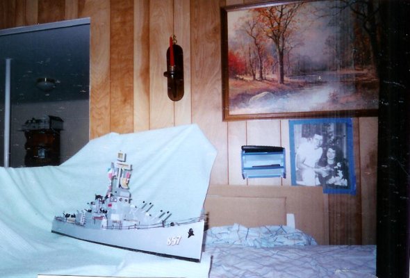 Lou Jenkins S 1/C &ndash; Front Room with USS Bristol Model and Photo of Lou and Wife in the 1950's (from Mel Hess)